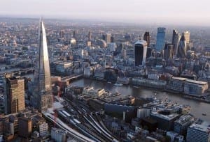 Arial view of London city from a hot air balloon