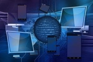 2018 Security – Vector Electronic Devices Around Binary Globe